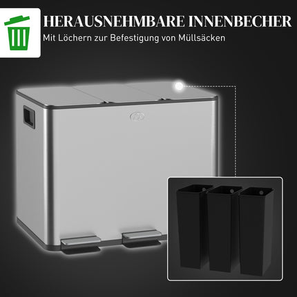 Triple Compartment Stainless Steel Kitchen Bin, 3 x 20L