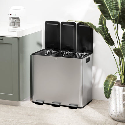 Triple Compartment Stainless Steel Kitchen Trash Bin, 45L