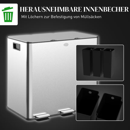 Triple Compartment Stainless Steel Kitchen Trash Bin, 45L