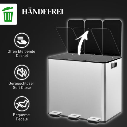 Triple Compartment Stainless Steel Kitchen Trash Bin, 45L