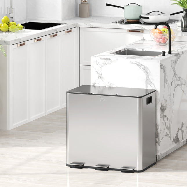 Triple Compartment Stainless Steel Kitchen Trash Bin, 45L