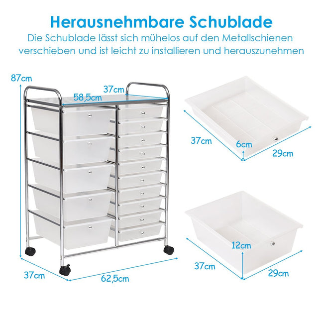 Trolley with 15 stackable drawers Roll container side trolley with 15 drawers Colored/Black 63 x 37 x 87 cm-Transparent
