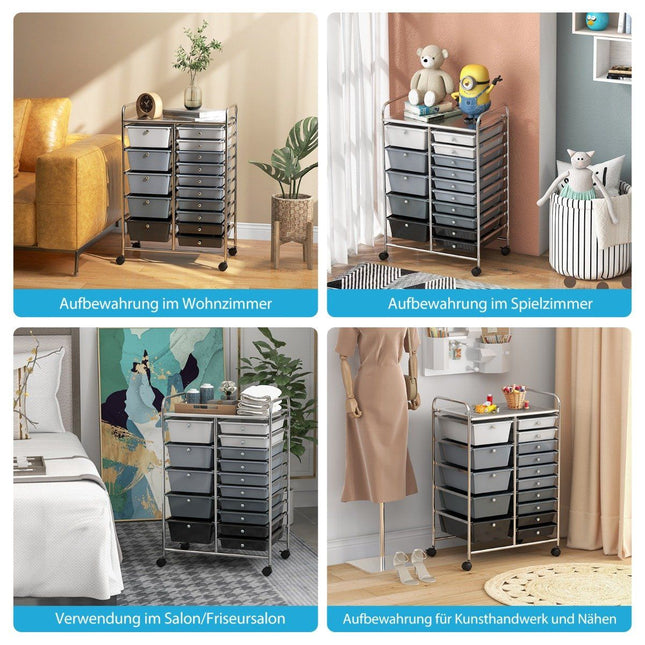 Trolley with 15 stackable drawers Roll container side trolley with 15 drawers silver 62.5 x 37 x 87 cm
