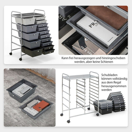 Trolley with 15 stackable drawers Roll container side trolley with 15 drawers silver 62.5 x 37 x 87 cm