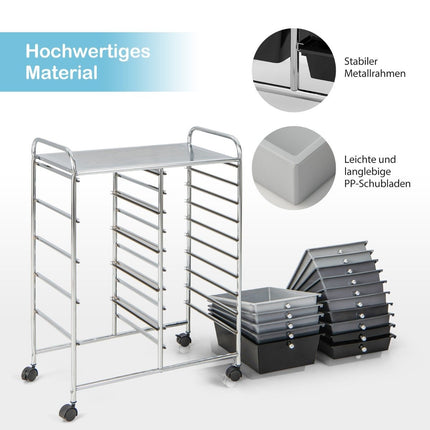 Trolley with 15 stackable drawers Roll container side trolley with 15 drawers silver 62.5 x 37 x 87 cm