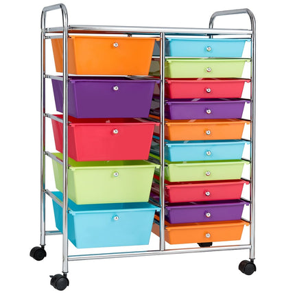 Trolley with 15 stackable drawers, rolling container, side trolley, colorful/yellow, 62.5 x 37 x 87 cm, colorful
