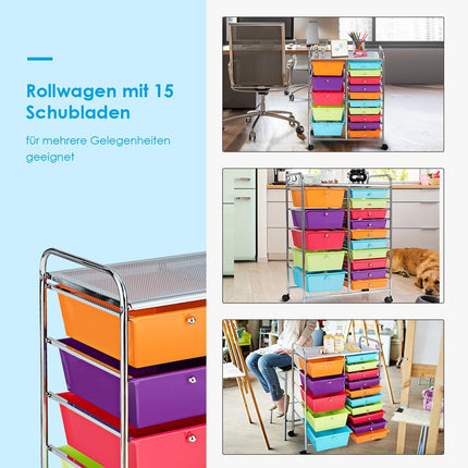 Trolley with 15 stackable drawers, rolling container, side trolley, colorful/yellow, 62.5 x 37 x 87 cm, colorful