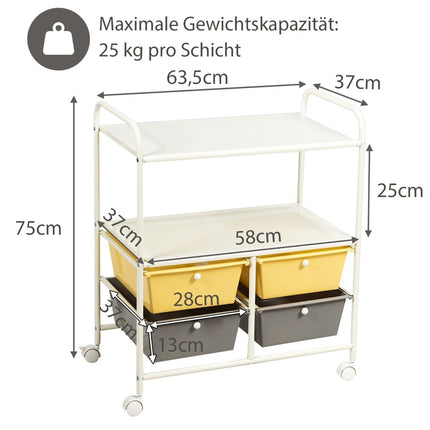 Trolley with 4 stackable drawers & metal frame & storage areas roll container yellow