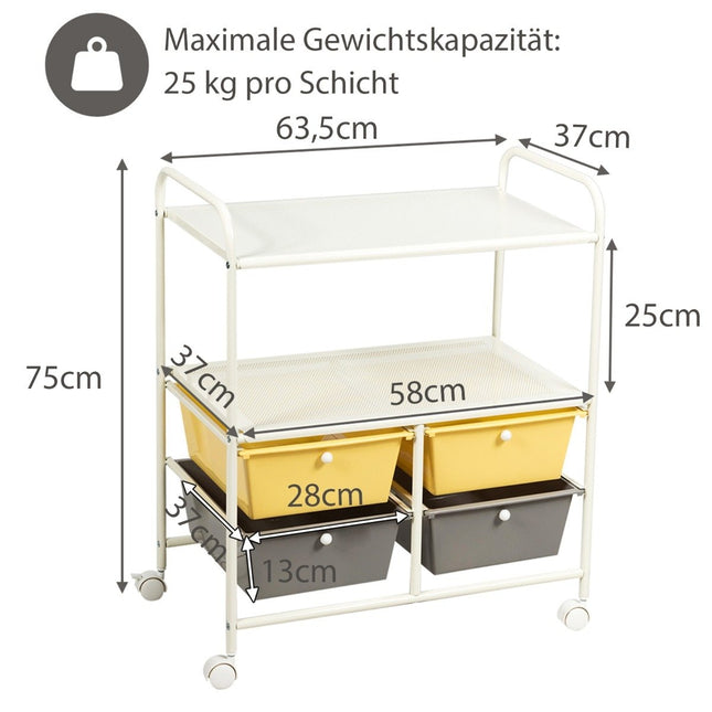 Trolley with 4 stackable drawers & metal frame & storage areas roll container yellow