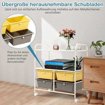 Trolley with 4 stackable drawers & metal frame & storage areas roll container yellow