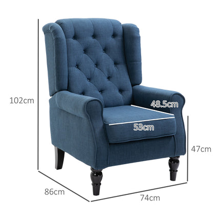 Blue tufted Wingback chair with arms, wooden legs - 160 kg capacity