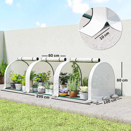 Tunnel Greenhouse with 3 Zipper Windows, Steel Frame, 295x100x80 cm