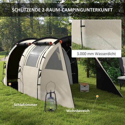 Camping tunnel tent - 5 people, 2 rooms, khaki, waterproof