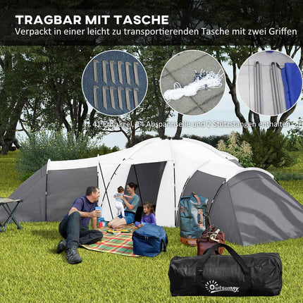 6-9 person tunnel camping tent, 3 bedrooms, grey