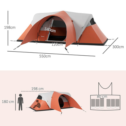 Camping tunnel tent, water repellent, fits 6 people, orange