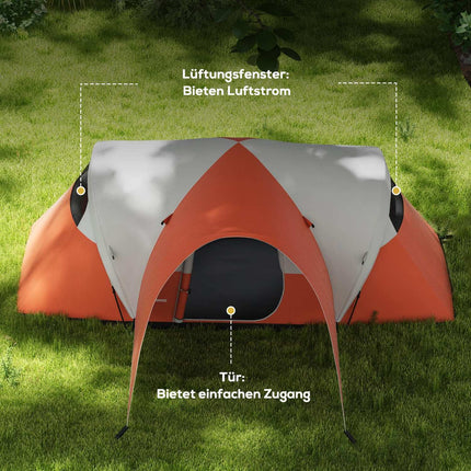 Camping tunnel tent, water repellent, fits 6 people, orange