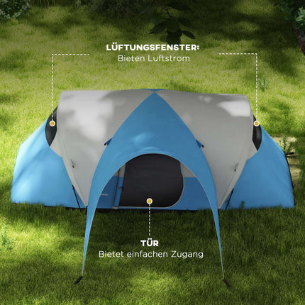 Family tunnel tent, water-repellent, 6-person capacity, blue