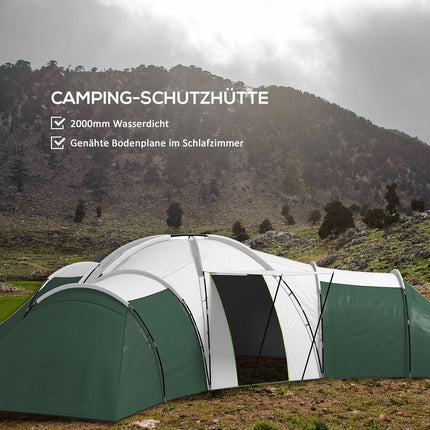 Family camping tunnel tent, 6-9 people, 3 bedrooms, green, 2000 mm waterproof