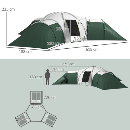 Family camping tunnel tent, 6-9 people, 3 bedrooms, green, 2000 mm waterproof