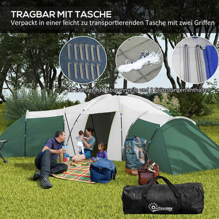 Family camping tunnel tent, 6-9 people, 3 bedrooms, green, 2000 mm waterproof