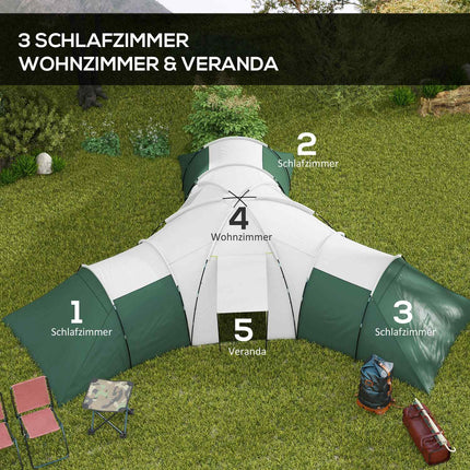 Family camping tunnel tent, 6-9 people, 3 bedrooms, green, 2000 mm waterproof