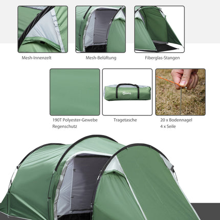 Tunnel camping tent, 2-3 people, waterproof, dark green