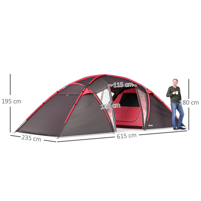 Tunnel tent, camping tent for 4-6 people, with 3 rooms, light hooks, double doors, grey