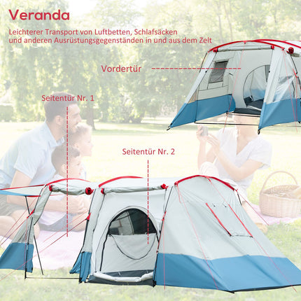 8-person tunnel tent with sleeping cabin, 3 doors, blue