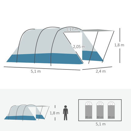 8-person tunnel tent with sleeping cabin, 3 doors, blue