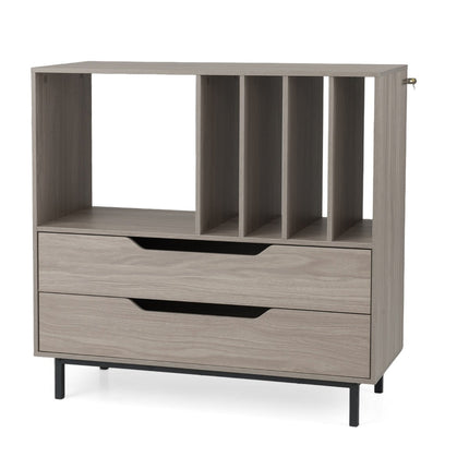 Turntable Stand with 4 Vinyl Slots & 2 Drawers, Gray