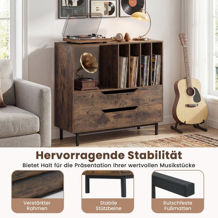 Turntable Stand with 4 Vinyl Slots & 2 Drawers, Rustic Brown