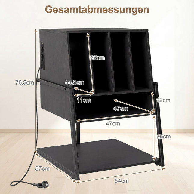 Turntable Stand with Charging Station & Shelves, Black