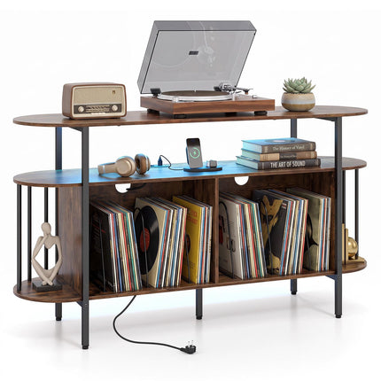 Turntable Stand with LED Lights & Charging Station, Rustic Brown