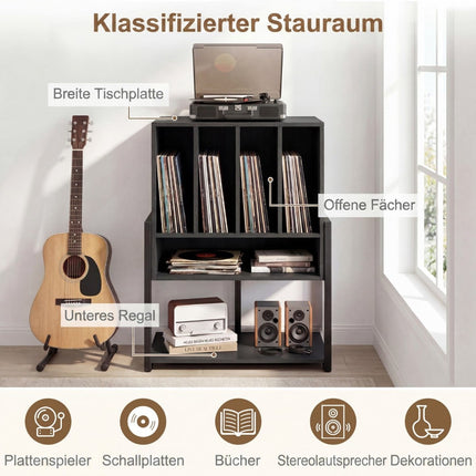 Turntable Stand with Wide Shelf & 4 Dividers, Black