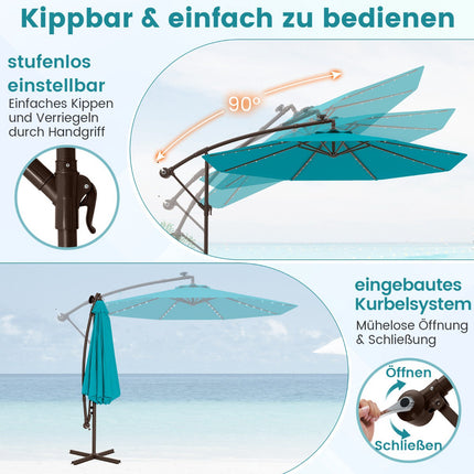 Turquoise 3m Patio Umbrella with Solar LED Lights & Sandbags