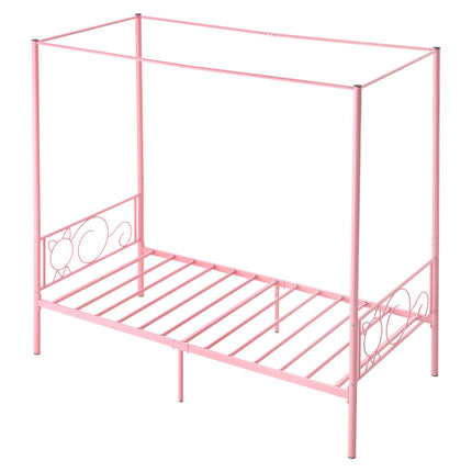 Twin Canopy Bed Frame, Metal Four-Poster, Pink