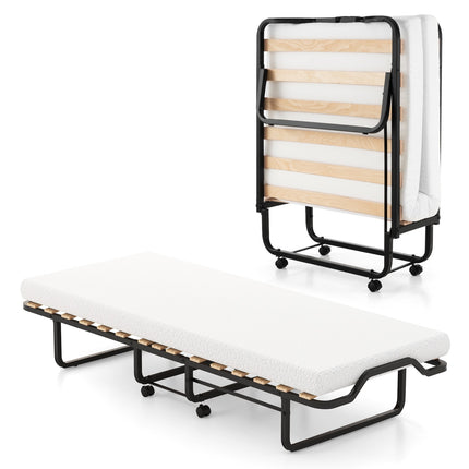 Twin Folding Bed, 4-Inch Foam Mattress, Lockable Wheels