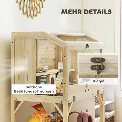 Two-Level Hamster Cage with Storage, Natural Wood, 84x53x110 cm