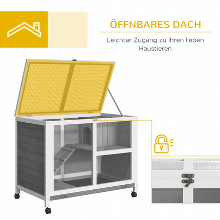Two-Level Small Animal Hutch, Sealed Fir Wood, Gray, with Wheels