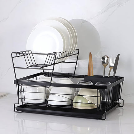 Two-Tier Dish Drying Rack with Cutlery Holder, Black