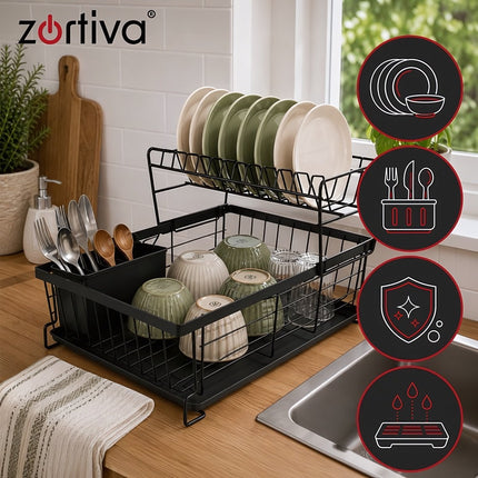 Two-Tier Dish Drying Rack with Drip Tray and Cutlery Holder, 43 cm, Black