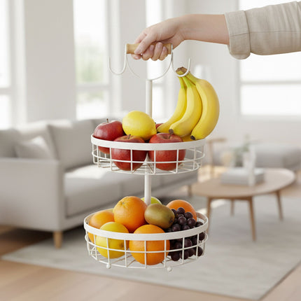 Two-Tier Metal Fruit Basket with Banana Hooks