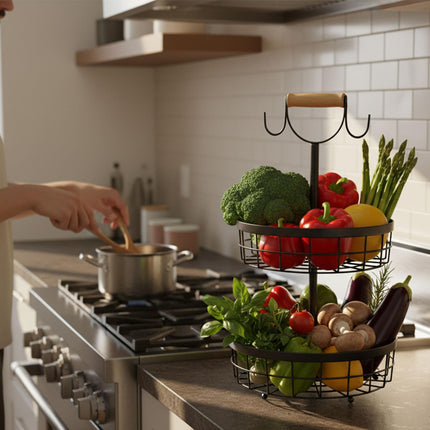 Two-Tier Metal Fruit Basket with Banana Hooks