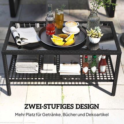 Two-Tier Rattan Coffee Table with Glass Top, Black