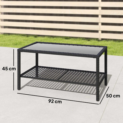 Two-Tier Rattan Coffee Table with Glass Top, Black