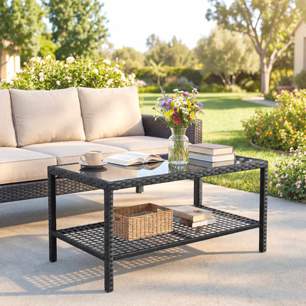 Two-Tier Rattan Coffee Table with Glass Top, Black