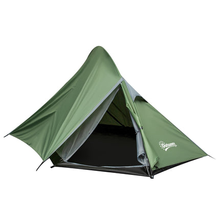 Two-person camping tent with fiberglass poles, dark green