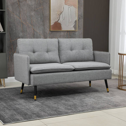 Two-seater gray sofa with cushions, linen look