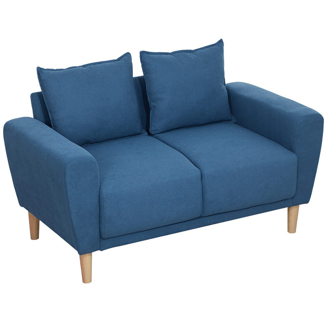 Dwuosobowa sofa z 2 poduszkami, tapicerowana sofa z wyjątkowo głębokimi siedziskami 51 cm, podwójna sofa z aksamitu, mała sofa z drewnianą ramą, 2-osobowa kanapa do salonu, sypialni, biura, 133 x 73 x 81 cm, niebieska