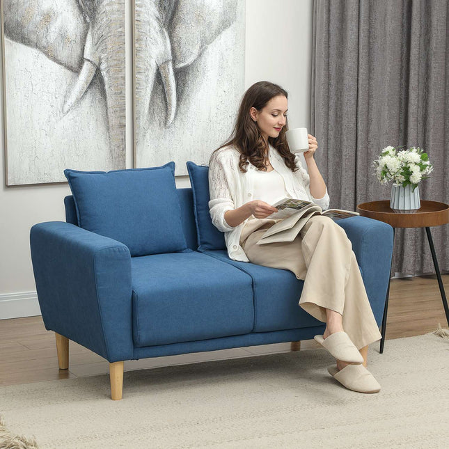 Dwuosobowa sofa z 2 poduszkami, tapicerowana sofa z wyjątkowo głębokimi siedziskami 51 cm, podwójna sofa z aksamitu, mała sofa z drewnianą ramą, 2-osobowa kanapa do salonu, sypialni, biura, 133 x 73 x 81 cm, niebieska